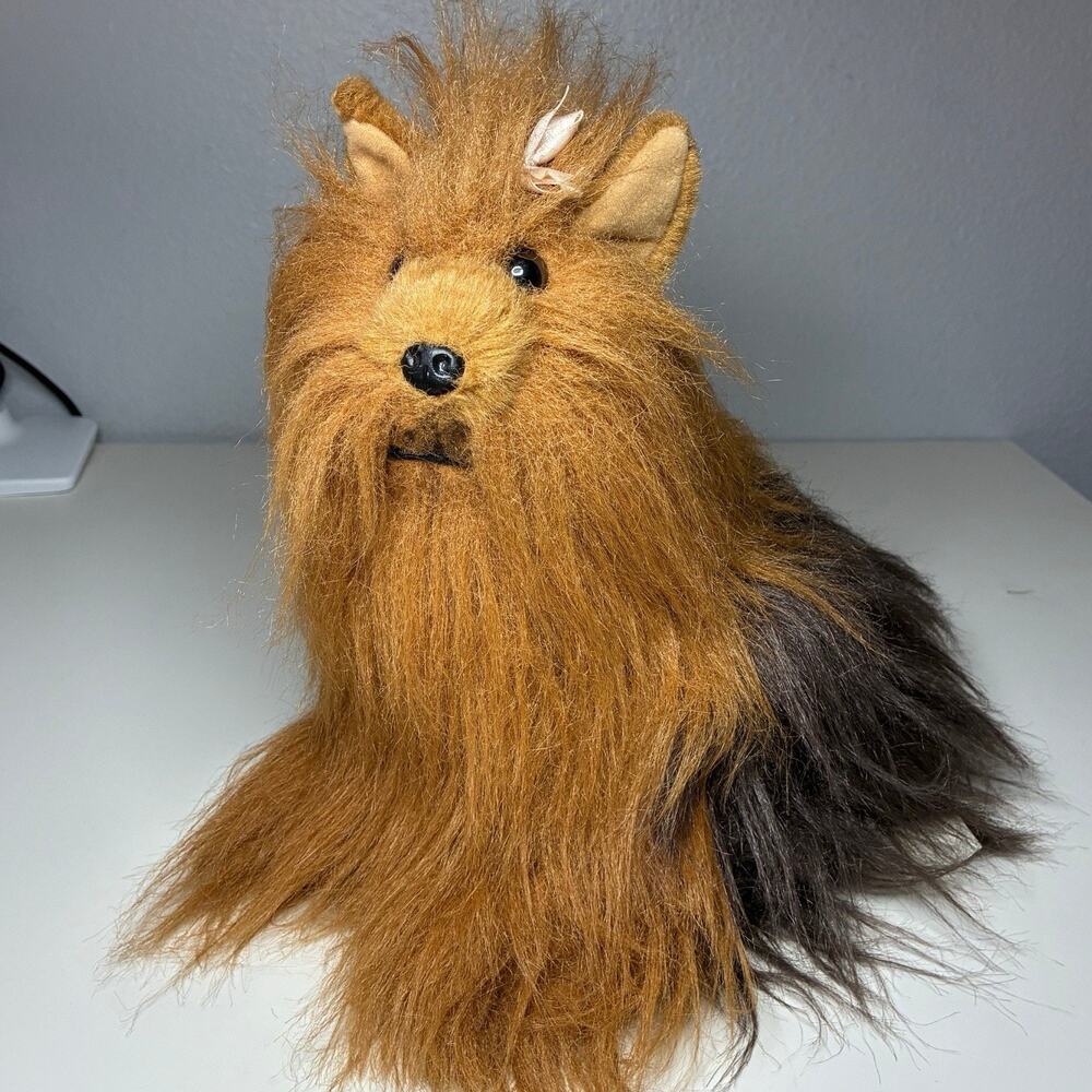 Vintage E&J Prima Classic Yorkie Dog Plush 10” Brown Black Bow Stuffed Animal